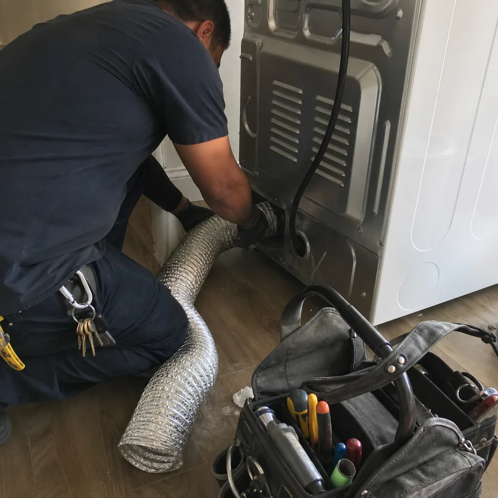Technician connecting a flexible metallic dryer vent hose for cleaning