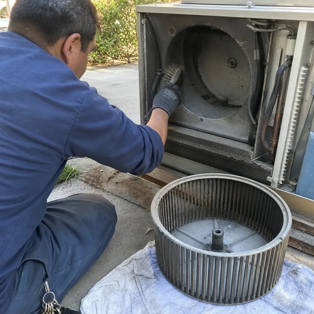 Technician performing professional HVAC blower motor and duct system cleaning