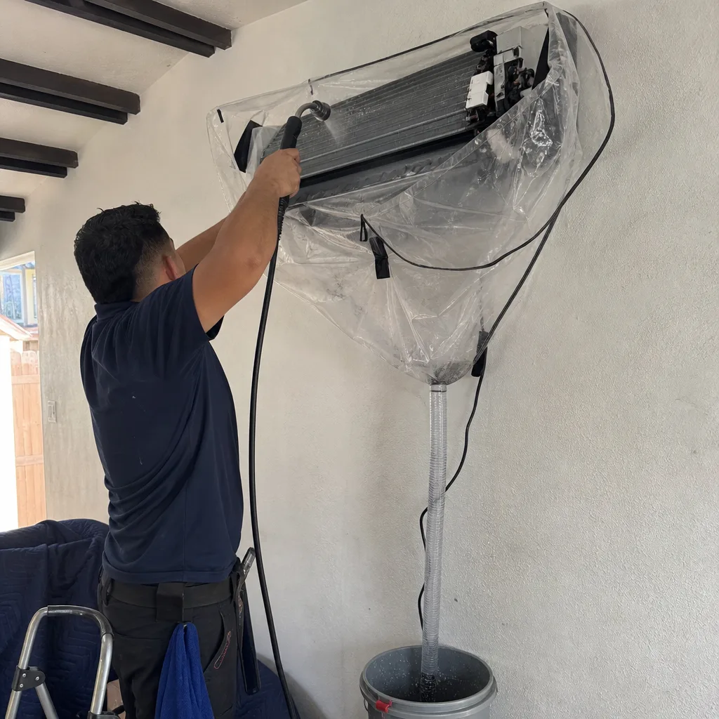 Technician performing professional HVAC system maintenance cleaning