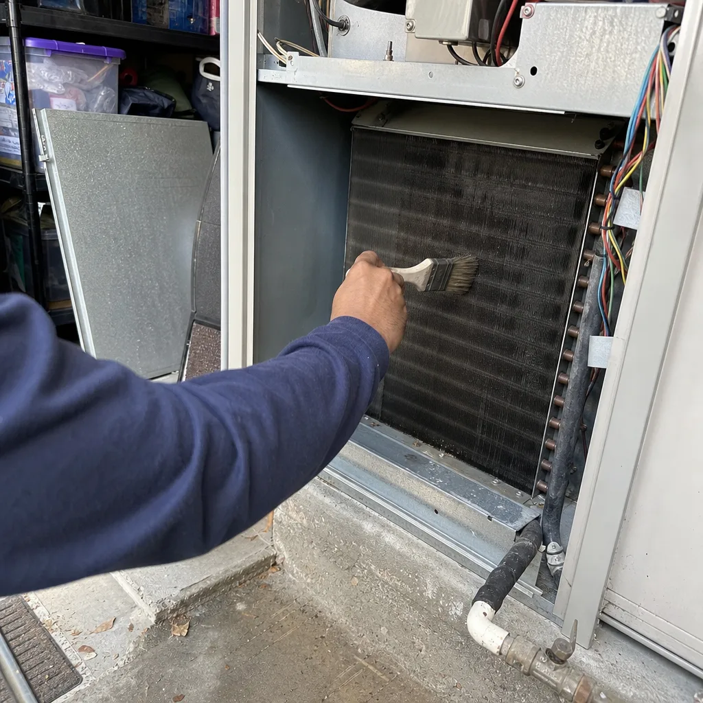 Technician performing professional HVAC system coil cleaning with a brush